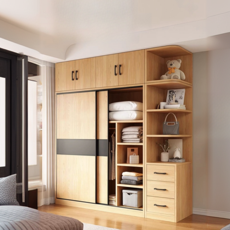 Wood Grain Simple Composite Wood Wardrobe with Soft Close Drawer, Soft Close Door, Interior Shelves, and Hanging Rod
