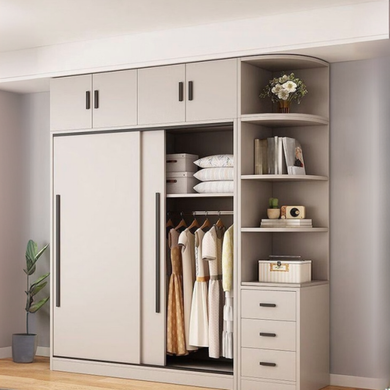 Contemporary Cream Wood Wardrobe with Soft Close Door, Interior Shelves and Hanging Rod, Soft Close Drawer Included/Not Included