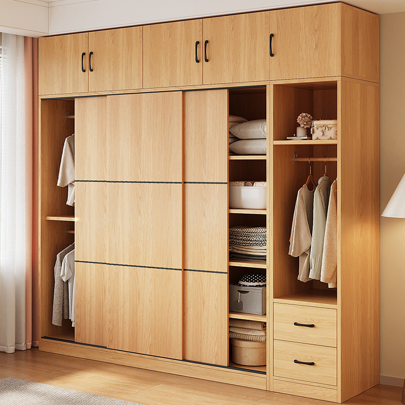 Wood Grain Simple Laminate Wardrobe with Soft Close Drawer, Soft Close Door, Interior Shelves, and Hanging Rod