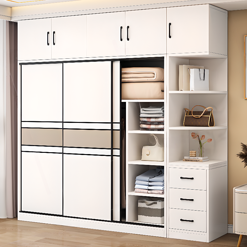 White Simple Composite Wood Wardrobe with Soft Close Drawer, Soft Close Door, Interior Shelves, and Hanging Rod