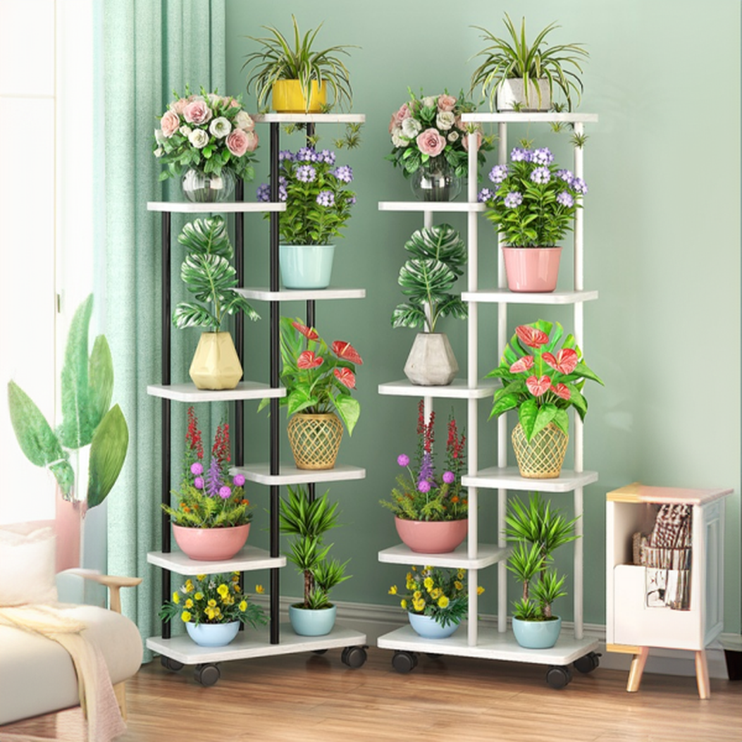 Contemporary Rectangle Multi-Level Plant Holder with Wood Top and 8/7/6 Shelves on Roller Wheels