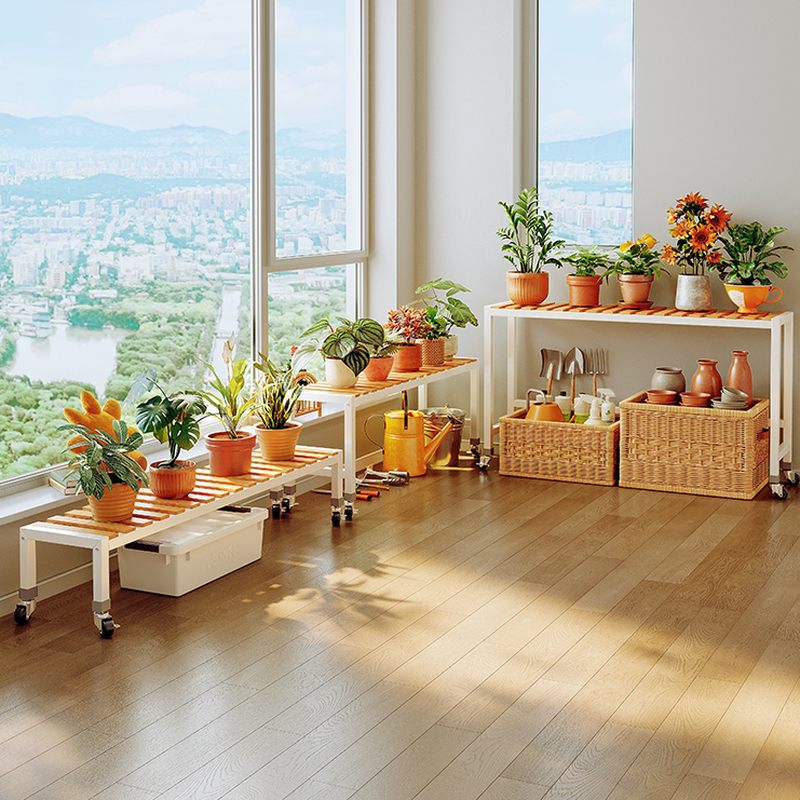 Trendy Rectangle Flower Rack with Composite Wood Top and Casters