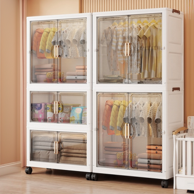 White Simple Polymer Compound Wardrobe with Interior Shelves, Hanging Rod, and Gate
