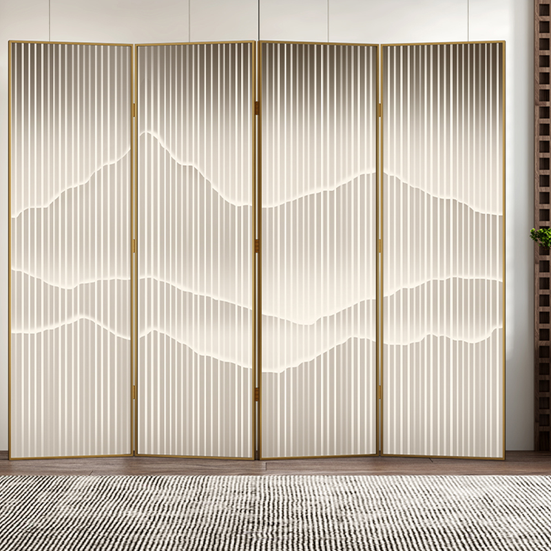 Art Deco Metallic Alloy Frame Opaque Space-saving Double Sided Print Wall Separator with 4 Panels
