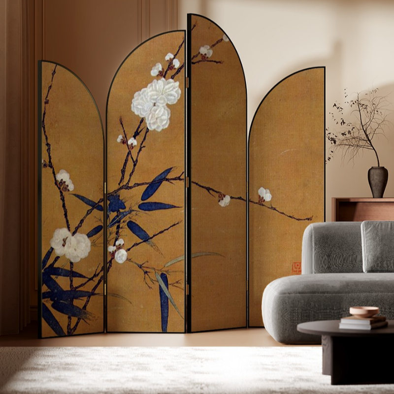 Cocoa Opaque Wood Folding Room Divider Partition with 4/3 Panels, Double Sided Print, and Independent Free Standing