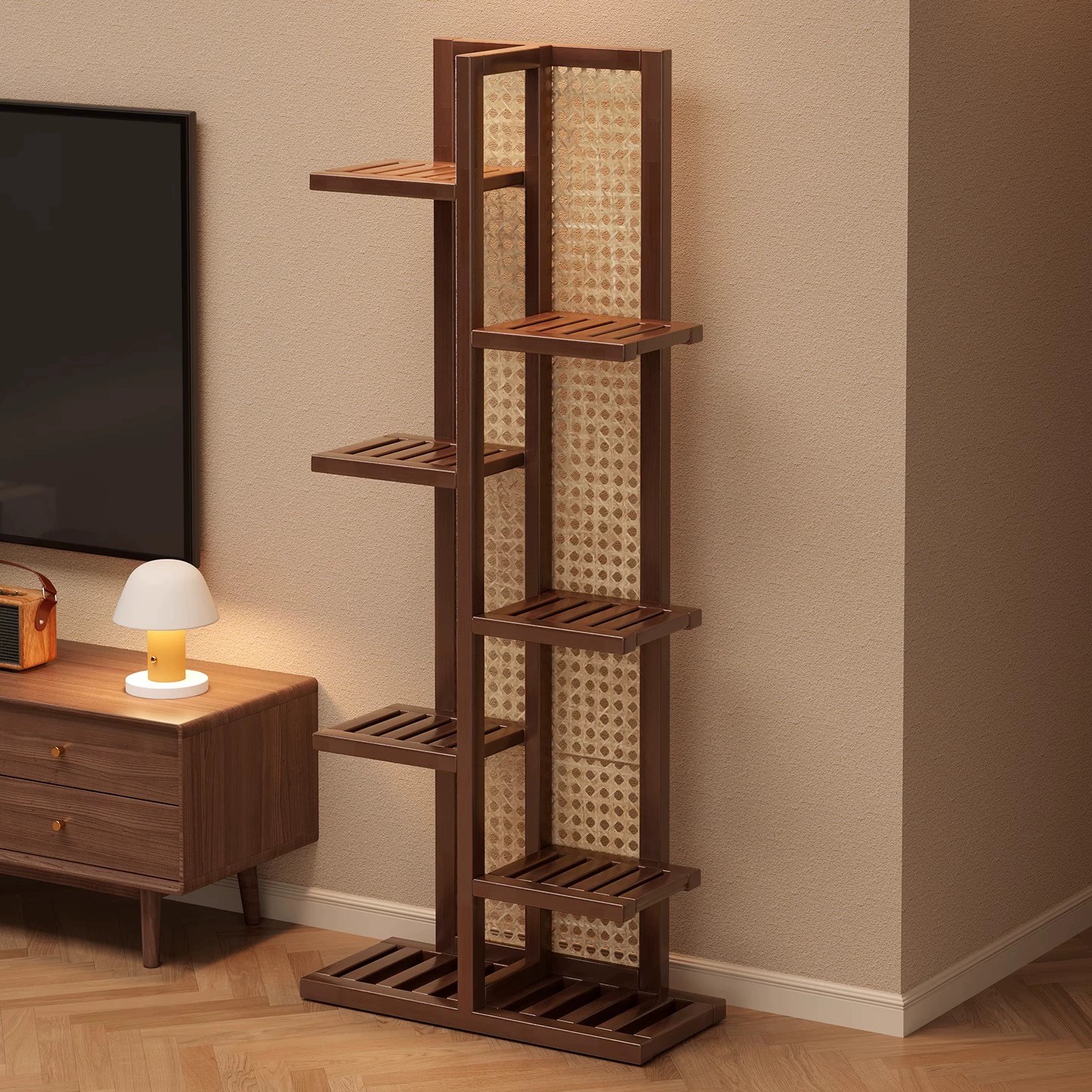 Contemporary Rectangle Multi-Level Wooden Plant Holder with 7/6 Shelves for Ground Installation