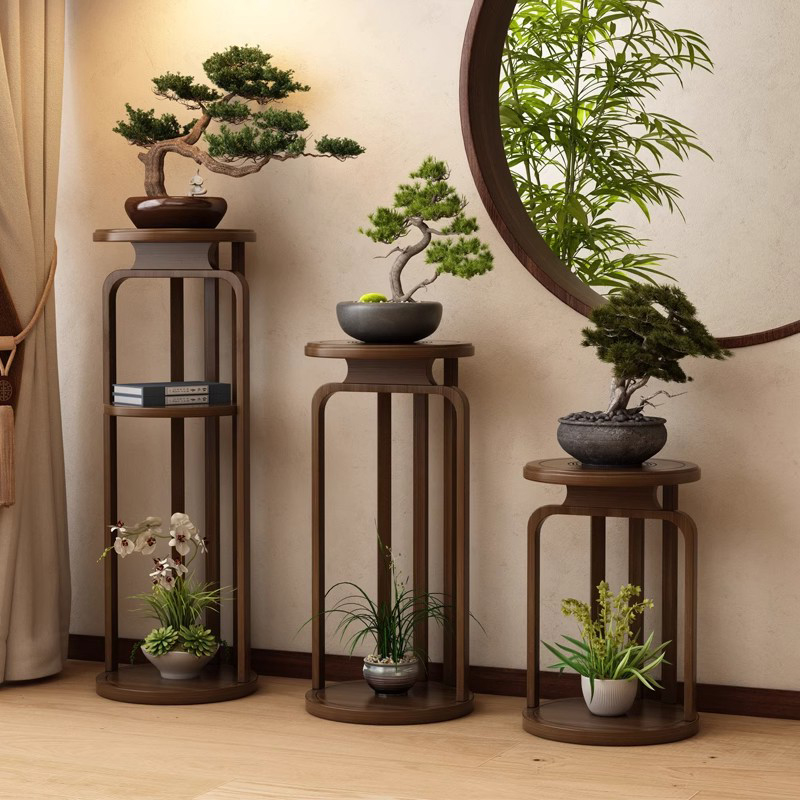 Trendy Rounded Plant Stand Side Table with Wooden Top for Floor Installation