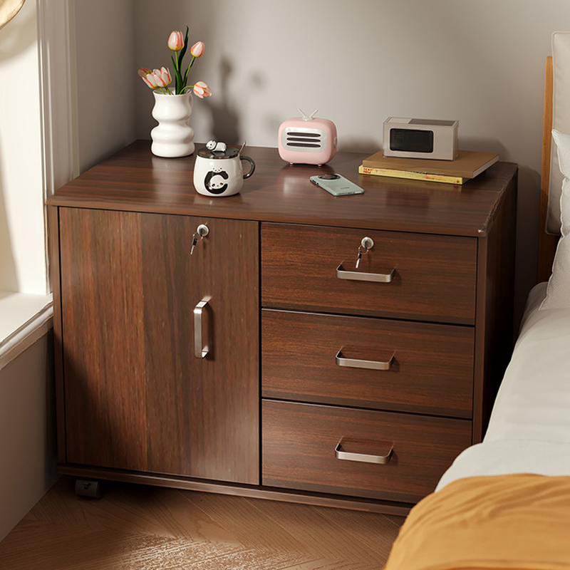 Simplistic Rolling Bedside Cabinet Nightstand with 1 Cabinet, 2 Shelves, Left Orientation, and Wood Countertop