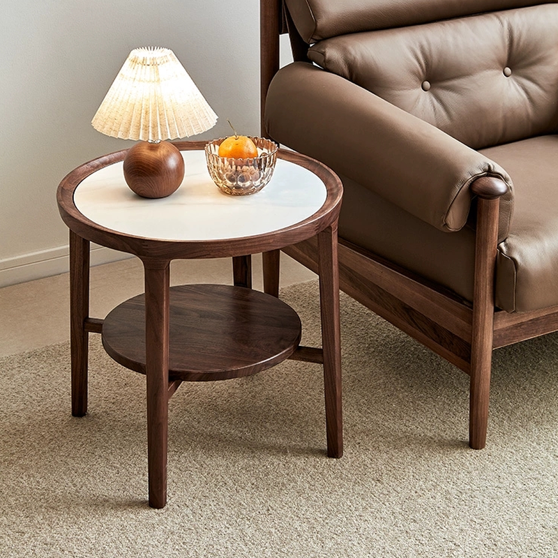 Modern Simple Style Circular Chalk Stone Drink Table with 4 Legs and Shelf