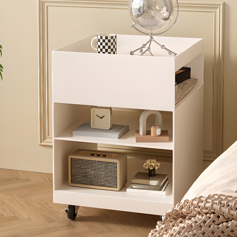 Simplistic Open Nightstand with Rolling Wheels, 3 Shelves, and Iron Countertop