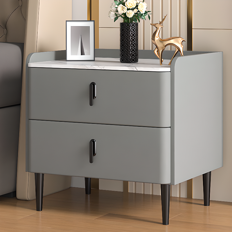 Simplistic Drawer Storage Bedside Table with 2 Drawers, Stone Countertop, and Leg