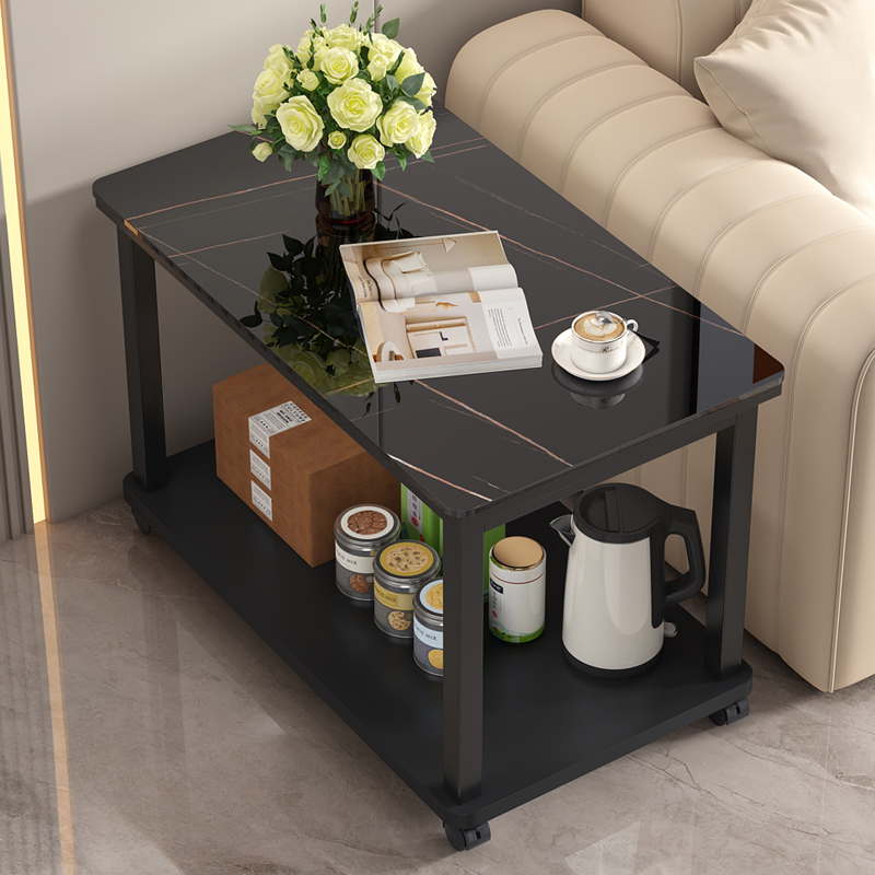 Modern Simple Style Drink Table Only with Vitreous Top and Swivel Wheels, Rectangular/Square Shape with Shelf