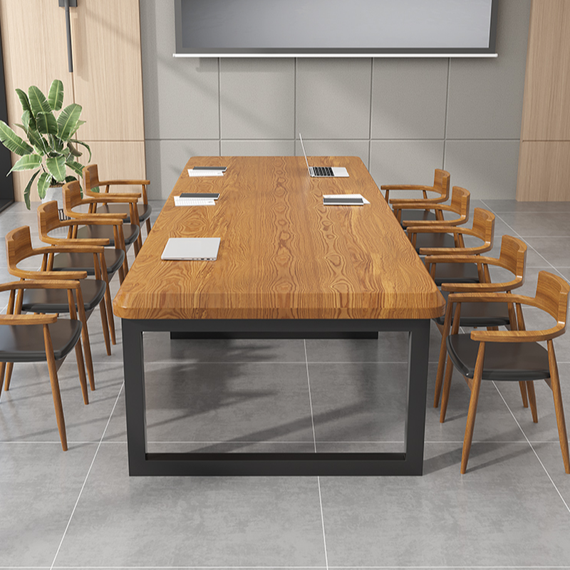 Light Natural Brown Minimalist Conference Table with Rectangular Top for 10 People, Real Wood Tabletop