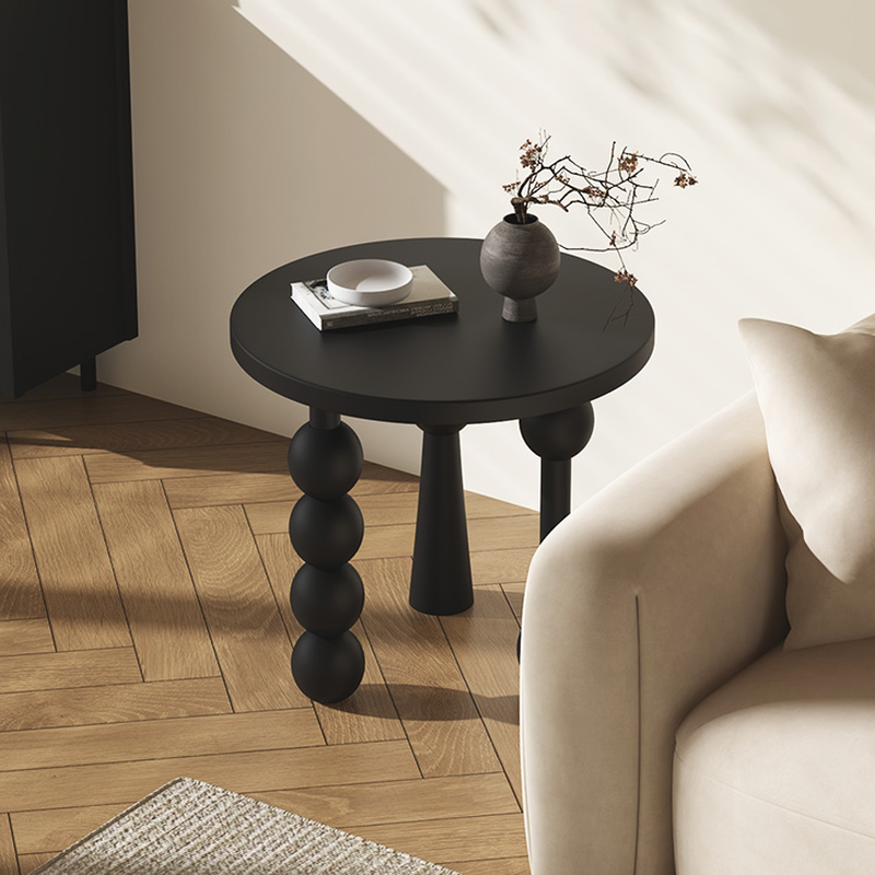 Modern Simple Style Circular Black Pine Wood Drink Table with Three Legs, Table Only