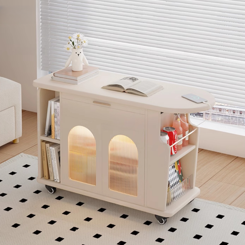 Flexible Height Drink Table with Chalk Rectangular Top, Swivel Wheels, Shelf, and Drawer