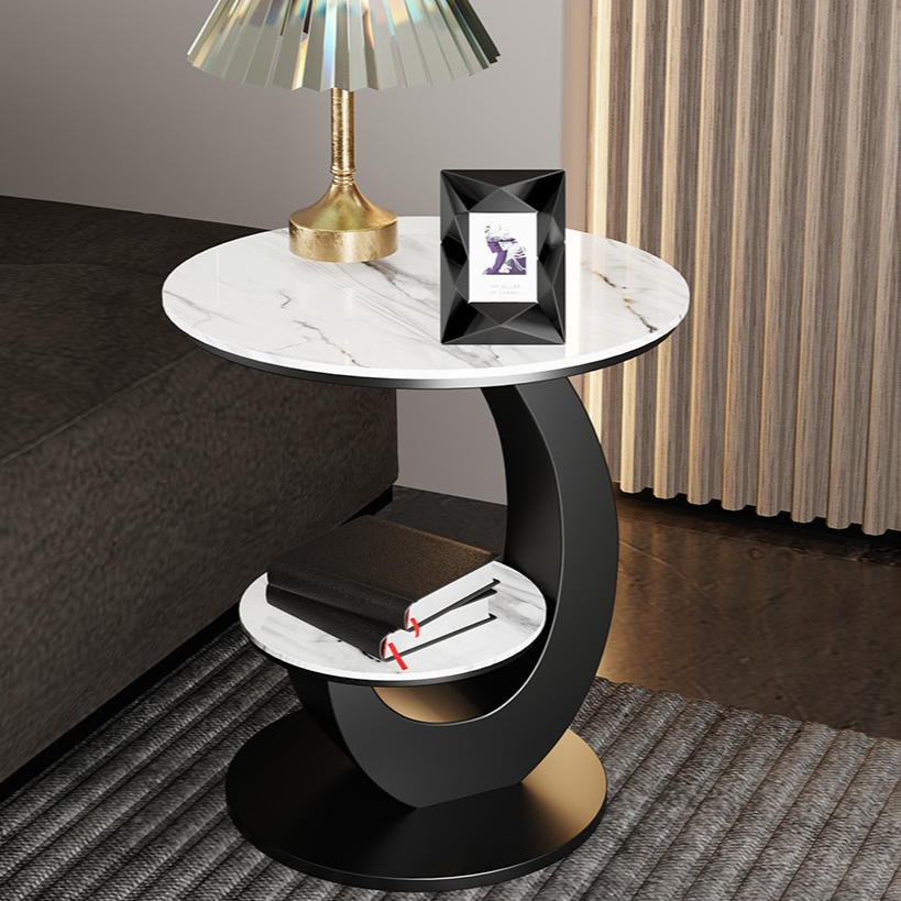 Lavish/Modern Simple Style Circular Stone Drink Table with Pedestal Base and Shelf