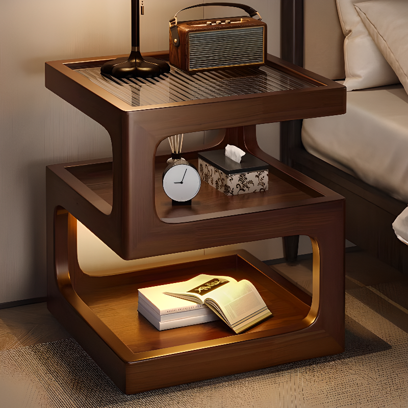 Cocoa Simplistic Open Nightstand with 2 Shelves and Glass Countertop