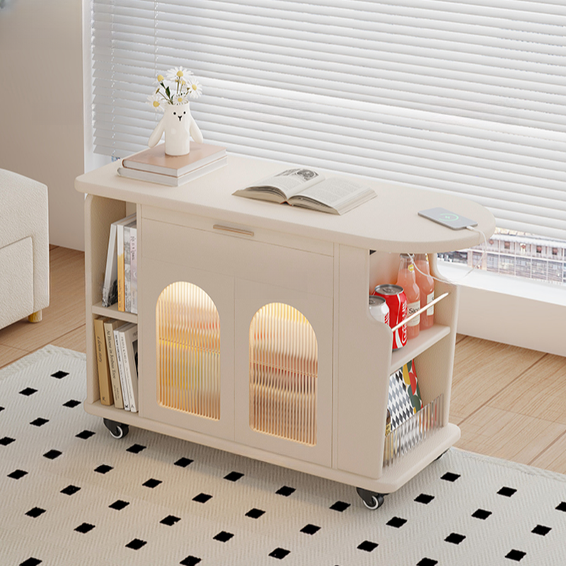 Reclaimed Wood Drink Table with Swivel Wheels, Black/Chalk Rectangular Top, Drawer and Hutch