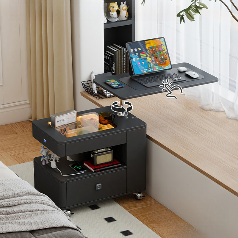 Flexible Height Drink Table with Reclaimed Wood and Swivel Wheels, Black/Chalk Rectangular Top, 2 Drawers