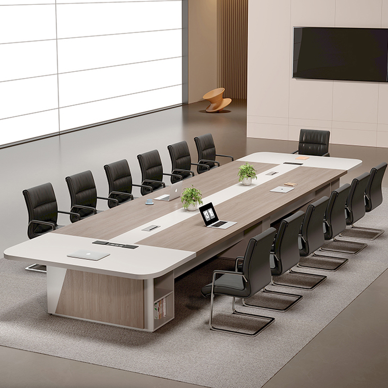 Minimalist Beige Rectangular Manufactured Wood Conference Table for Seats 12+/Seats 8/for 12