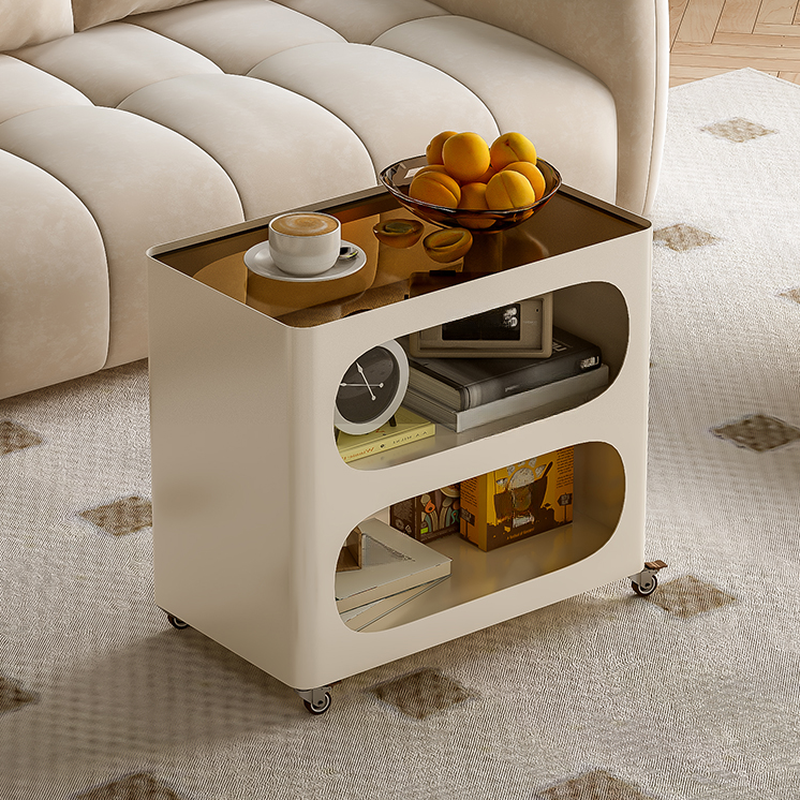 Modern Simple Style Vitreous/Stone Drink Table with Swivel Wheels, Rectangular Top, and Shelf