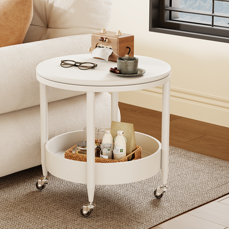 Simple Style Stone Drink Table with Wheel Base and Swivel Wheels, Rounded Top with Shelf