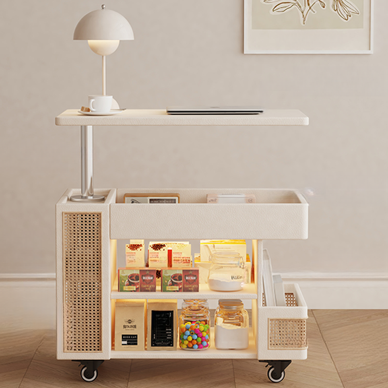 Rectangular Reclaimed Wood Drink Table with Swivel Wheels, Shelf, and Drawer on Wheel Base
