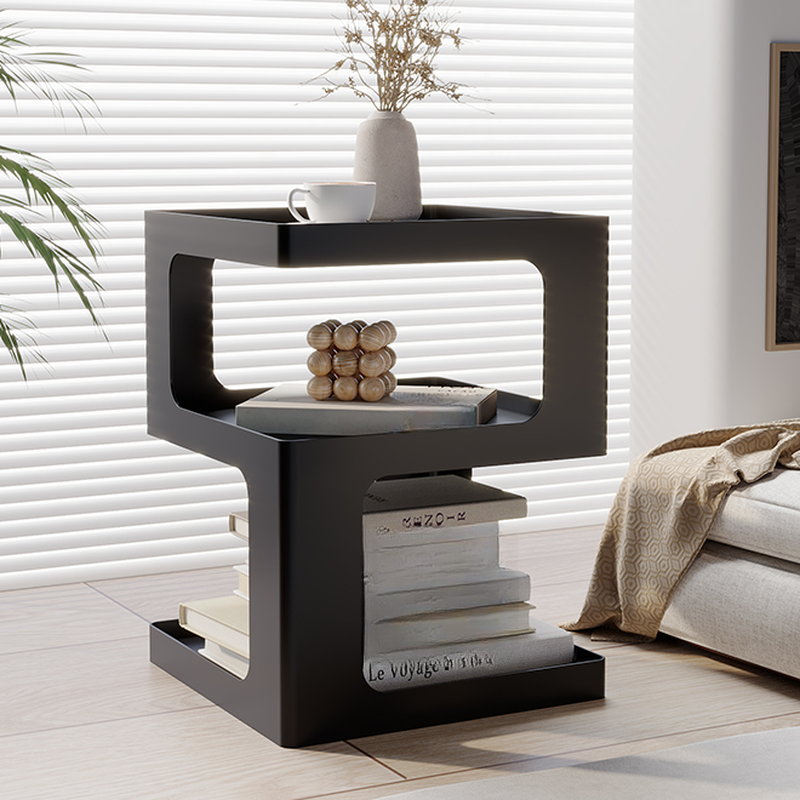 Modern Simple Style Drink Table Only with Iron Block Base in Black/Chalk, Square Shelf