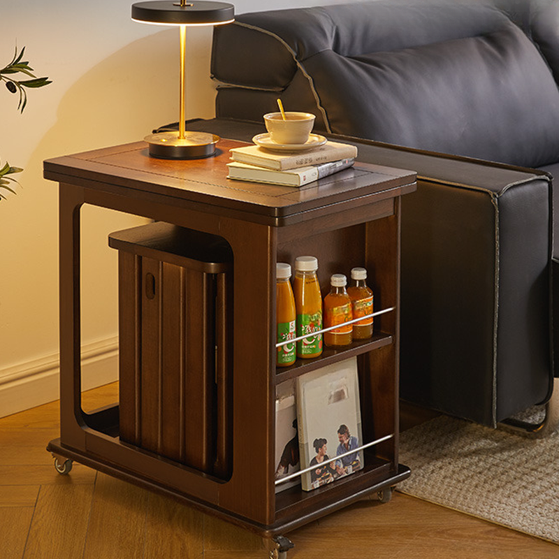 Modern Simple Style Rectangular Drink Table with Reclaimed Wood Top, Swivel Wheels, and Shelf in Black/Chalk/Cocoa