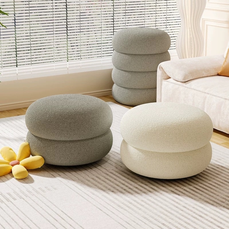 Casual Orbicular Solid Colour Standard Ottoman in Sherpa with Ink/Dove Grey/Rose Upholstery