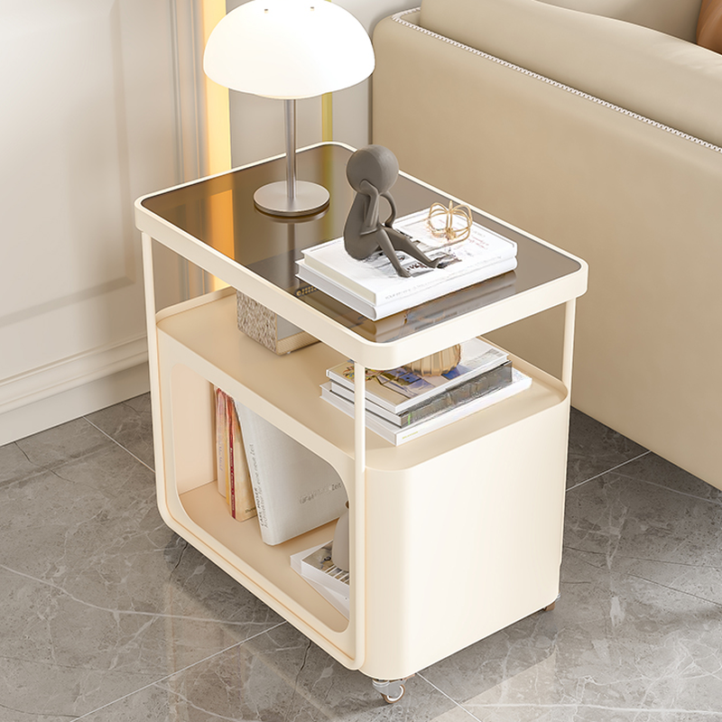 Simple Chairside Table Only with Wheel Base in Sepia/Clear and Swivel Wheels, Square/Rectangle Shape with Shelf