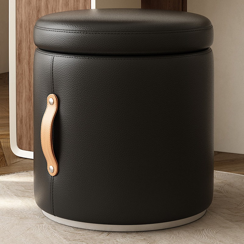 Casual Orbicular Solid Colour Storage Ottoman in Vinyl Leather with Dove Grey/Light Brown/Amber Colour Upholstery and Storage