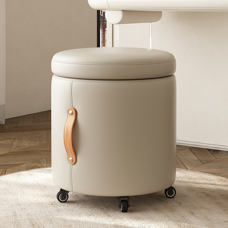 Casual Orbicular Solid Colour Storage Ottoman in Vinyl Leather with Dove Grey/Amber Colour/Sand Upholstery, Rollers, and Storage