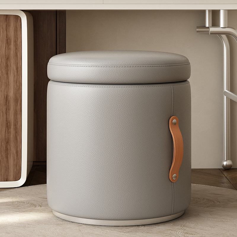 Casual Orbicular Solid Colour Storage Ottoman in Vinyl Leather with Dove Grey/Light Brown/Amber Colour and Storage