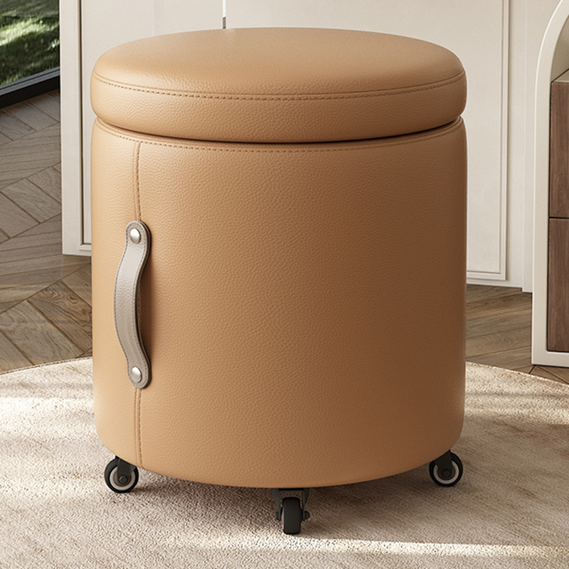 Minimalist Amber Colour/Gray/Ecru Solid Colour Circular Synthetic Leather Storage Ottoman with Locker and Rollers
