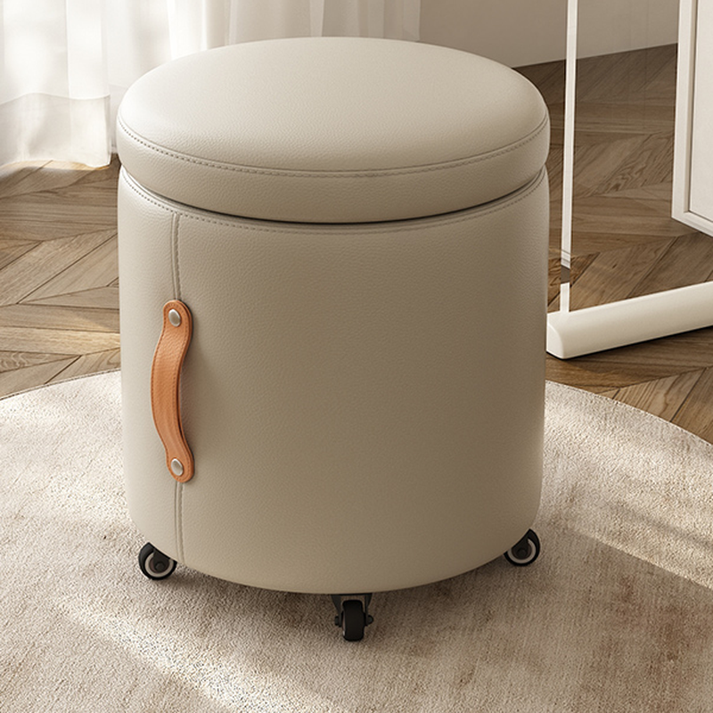Casual Orbicular Solid Colour Standard Ottoman in Vinyl Leather with Dove Grey/Amber Colour/Sand and Rollers