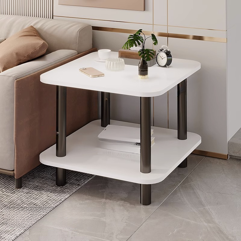 Simple Chairside Table Only with Reclaimed Wood Top and 4 Legs, Square Shape with Shelf