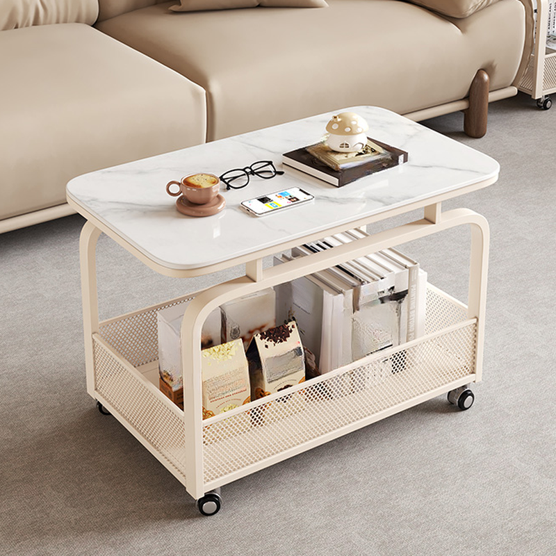 Simple Chairside Table with Stone Top and Wheel Base, Swivel Wheels, Square/Rectangle Shape, and Shelf