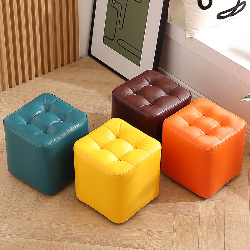 Casual Square Solid Colour Cube Ottoman in Vinyl Leather with Dark Gray/Navy Blue/Amber Colour and Stitch-tufted Design