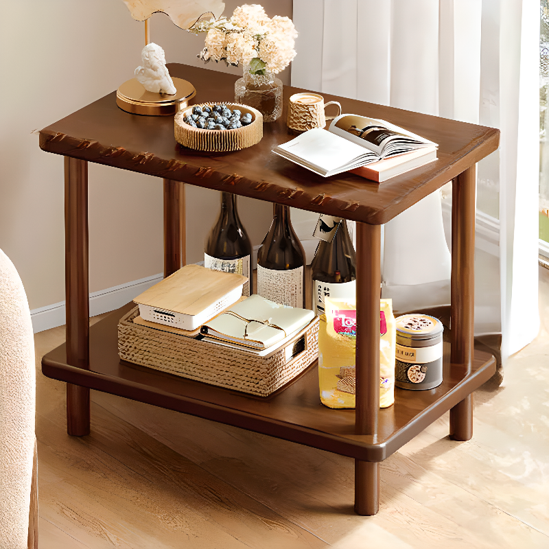 Simple Chairside Table Only with Reclaimed Wood Top, 4 Legs, Sepia/Natural Colour, Rectangle/Square Shape, and Shelf