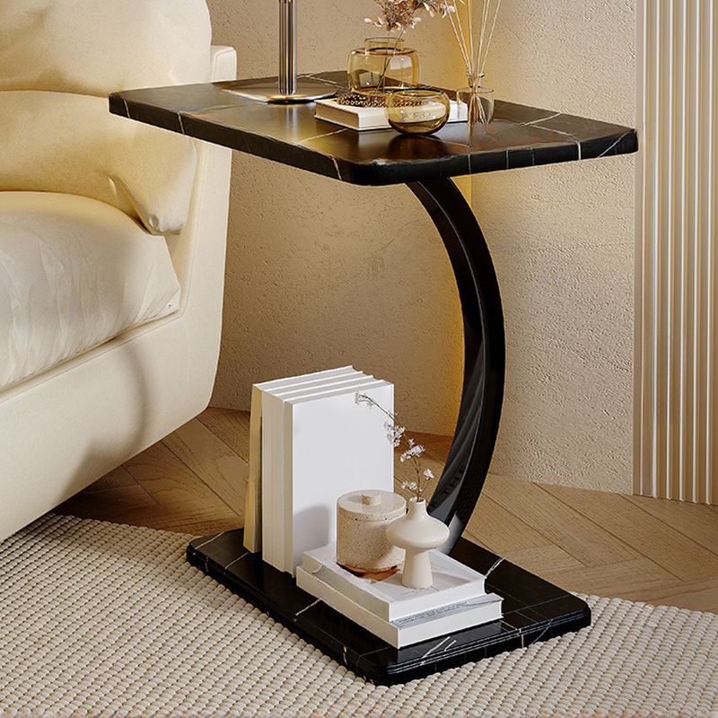 Simple Chairside Table Only with Reclaimed Wood Pedestal Base in Black Rectangle Design