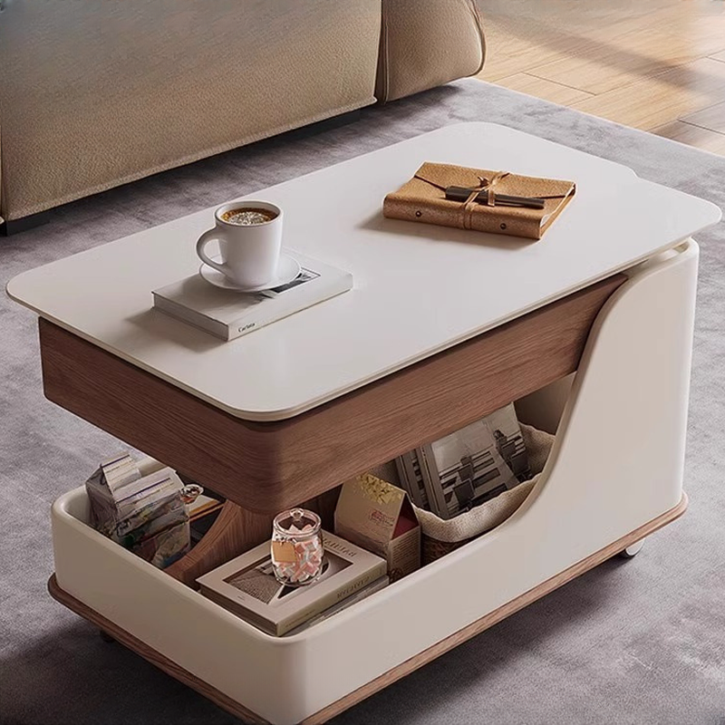 Chairside Table with Flexible Height, Wheel Base, Chalk Colour, Swivel Wheels, Rectangle Shape, Shelf, and Hutch