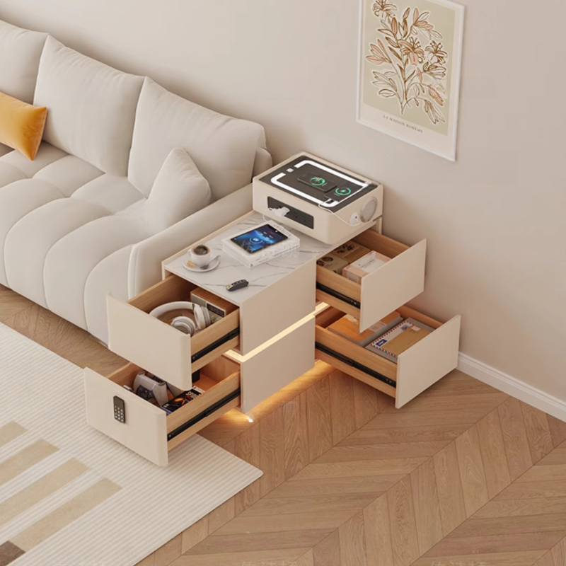 Simple Chairside Table Only with Stone Top, Block Base, Rectangle Shape, and 4 Drawers