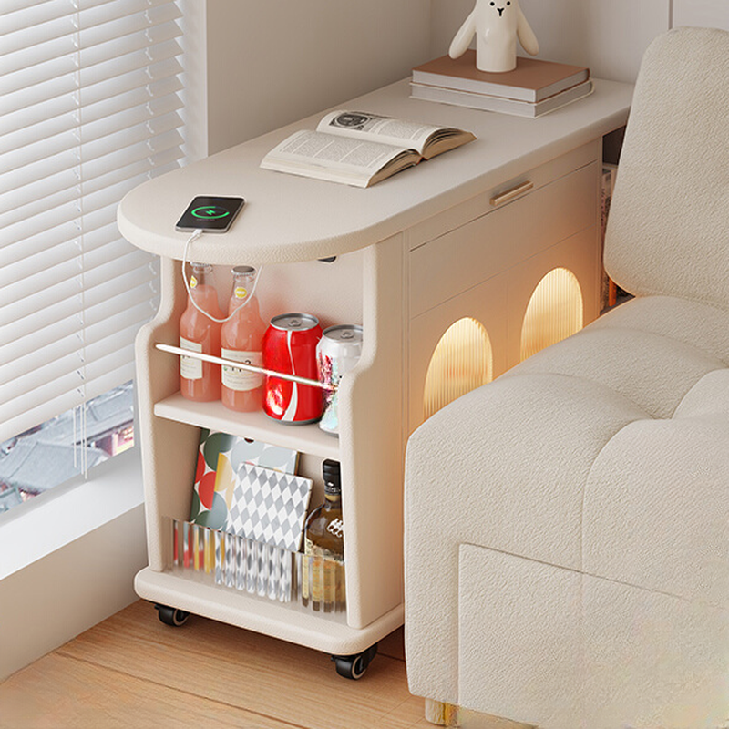 Flexible Height Asymmetrical Chairside Table with Roller Wheels and Magazine Rack