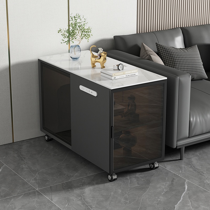 Chairside Table with Stone Top and Wheel Base in Chalk, Featuring Swivel Wheels, Rectangle Shape, Shelf, and Hutch