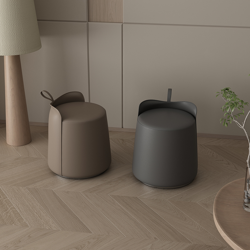 Casual Orbicular Solid Colour Standard Ottoman in Vinyl Leather with Dove Grey/Amber Colour/Sand