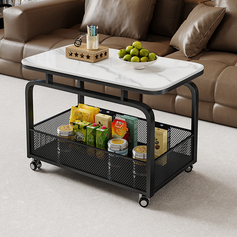 Simple Stone Chairside Table with Wheel Base, Swivel Wheels, Square/Rectangle Top, and Shelf