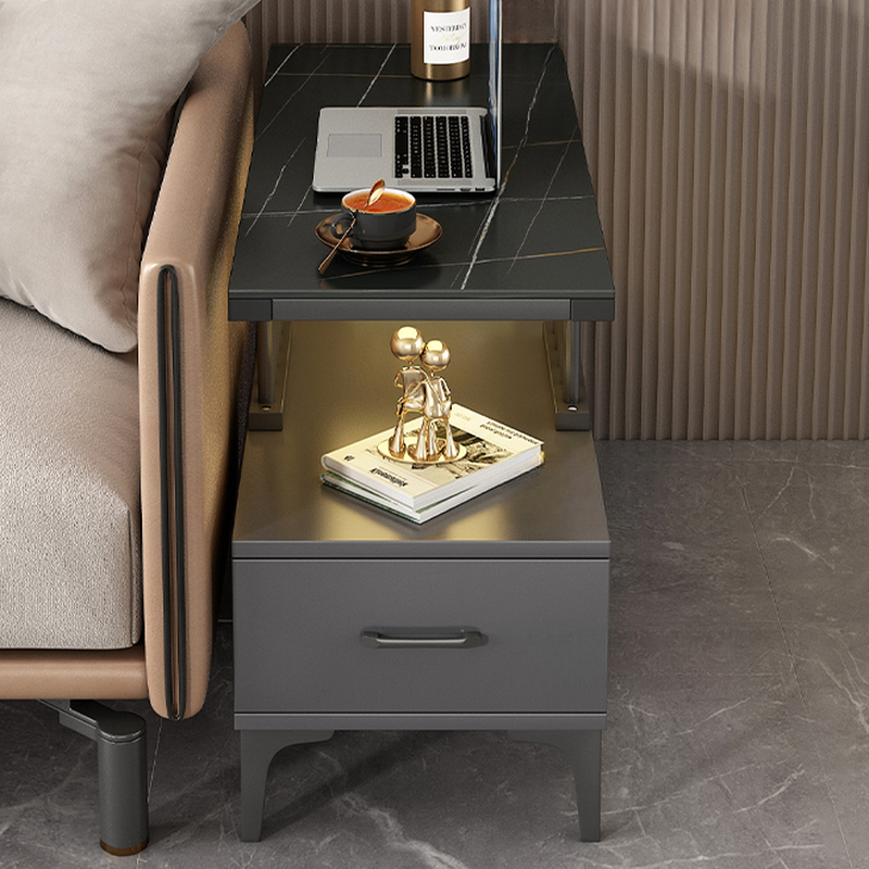 Simple Style Chairside Table with Vitreous Rectangle Black/Tawny Top, 4 Legs, Shelf, and Drawer