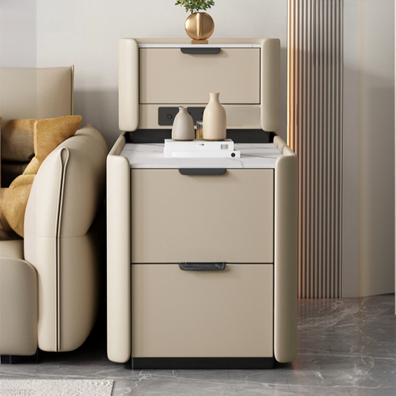 Simple Chalk Stone Rectangular Chairside Table with 3 Drawers and Block Base, Table Only