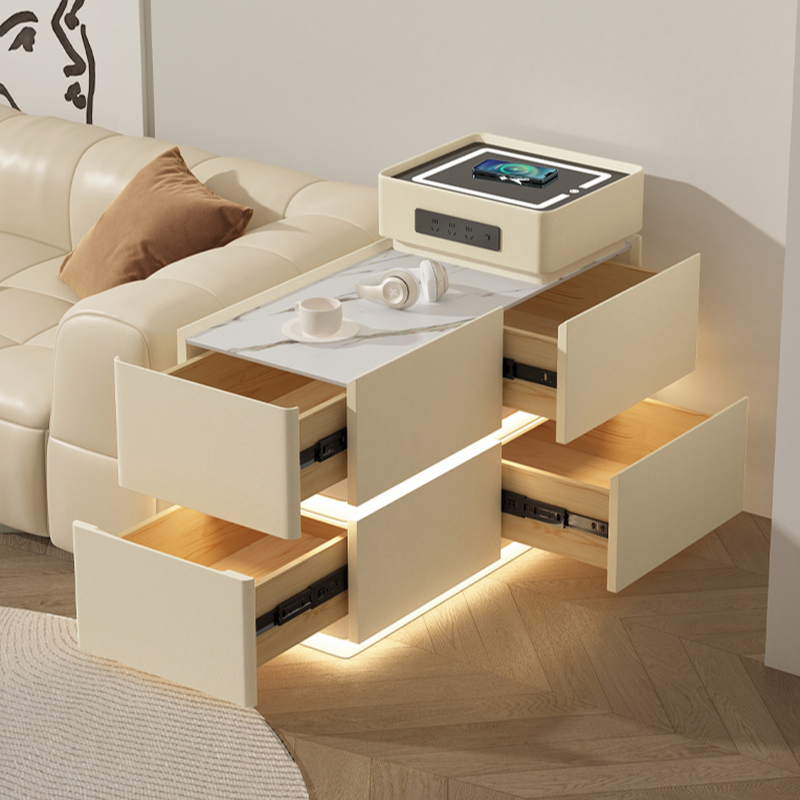 Simple Stone Chairside Table with Block Base, Chalk Rectangle Top, and 4 Drawers